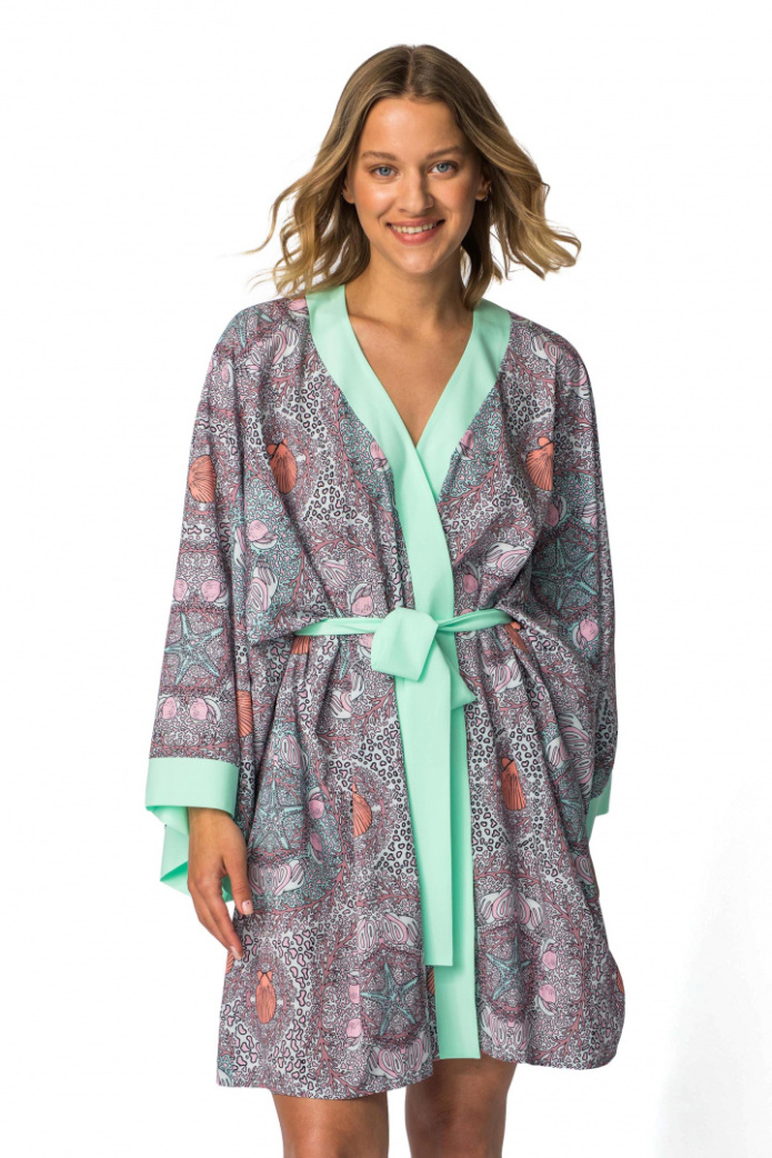 Kimono damskie szlafrok z kolorowym nadrukiem i wiązaniem m3